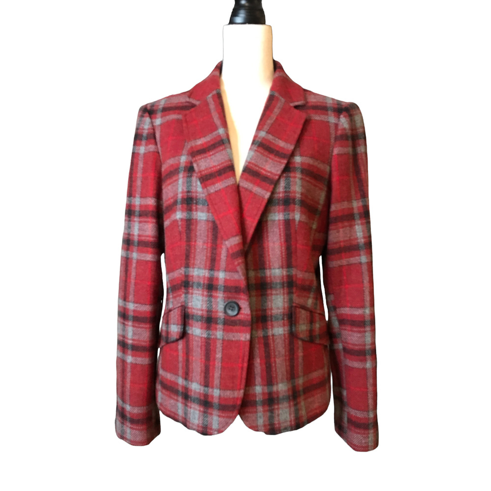 Talbots Wool Blend Jacket in Red, Black and Gray Plaid, Size 12